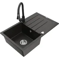 Mexen Bruno 1 Becken-Granitspüle mit Abtropffläche und Mischbatterie Elia, Schwarz/Gold metallisch - 6513-75-670101-70