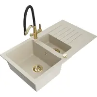 Mexen Matias 1,5-Becken-Granitspüle mit Abtropffläche und Mischbatterie Duo, Beige - 6502-69-671701-57-G