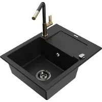 Mexen Enzo 1 Becken-Granitspüle mit Abtropffläche und Mischbatterie Flora, Schwarz - 6506-77-670401-57-B