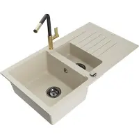 Mexen Matias 1,5-Becken-Granitspüle mit Abtropffläche und Mischbatterie Flora, Beige - 6502-69-670401-57-B