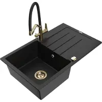 Mexen Bruno 1 Becken-Granitspüle mit Abtropffläche und Mischbatterie Duo, Schwarz - 6513-77-671701-57-G