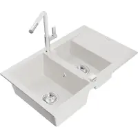 Mexen Gaspar 1,5-Becken-Granitspüle mit Abtropffläche und Mischbatterie Flora, Weiß - 6507-20-670401-02