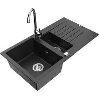 Mexen Matias 1,5-Becken-Granitspüle mit Abtropffläche und Mischbatterie Telma, Schwarz/Silber - 6502-73-670200-00