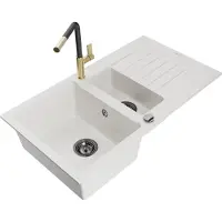 Mexen Matias 1,5-Becken-Granitspüle mit Abtropffläche und Mischbatterie Flora, Weiß - 6502-20-670401-57-B