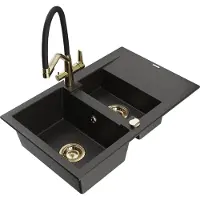 Mexen Gaspar 1,5-Becken-Granitspüle mit Abtropffläche und Mischbatterie Duo, Schwarz/Gold metallisch - 6507-75-671701-57-G