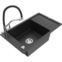 Mexen Elias 1 Becken-Granitspüle mit Abtropffläche und Mischbatterie Duo, Schwarz/Silbermetallic - 6511-73-671701-07