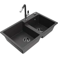 Mexen Tomas 2-Becken-Granitspüle mit Mischbatterie Flora, Schwarz gesprenkelt - 6516-76-670401-07-B