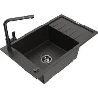 Mexen Elias 1 Becken-Granitspüle mit Abtropffläche und Mischbatterie Flora, Schwarz/Gold metallisch - 6511-75-670401-70-B
