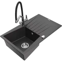 Mexen Cesar 1 Becken-Granitspüle mit Abtropffläche und Mischbatterie Duo, Schwarz gesprenkelt - 6514-76-671701-07