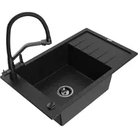 Mexen Elias 1 Becken-Granitspüle mit Abtropffläche und Mischbatterie Duo, Schwarz - 6511-77-671701-70-B