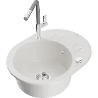 Mexen Kevin 1 Becken-Granitspüle mit Abtropffläche und Mischbatterie Flora, Weiß - 6517-20-670401-06