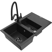 Mexen Gaspar 1,5-Becken-Granitspüle mit Abtropffläche und Mischbatterie Duo, Schwarz/Silber - 6507-73-671701-70-B
