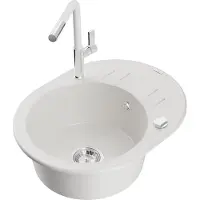 Mexen Kevin 1 Becken-Granitspüle mit Abtropffläche und Mischbatterie Flora, Weiß - 6517-20-670401-02