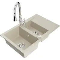 Mexen Gaspar 1,5-Becken-Granitspüle mit Abtropffläche und Mischbatterie Savita, Beige - 6507-69-672601-00