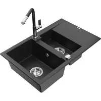 Mexen Gaspar 1,5-Becken-Granitspüle mit Abtropffläche und Mischbatterie Flora, Schwarz/Silber - 6507-73-670401-07