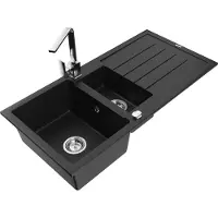 Mexen Andres 1,5-Becken-Granitspüle mit Abtropffläche und Mischbatterie Rita, Schwarz - 6515-77-670300-00