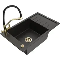 Mexen Elias 1 Becken-Granitspüle mit Abtropffläche und Mischbatterie Duo, Schwarz/Gold metallisch - 6511-75-671701-57-G