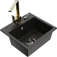 Mexen Milo 1-Becken-Granit-Spüle mit Mischbatterie Rita, Schwarz/Gold metallisch - 6505-75-670300-50-B