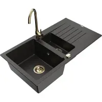 Mexen Matias 1,5-Becken-Granitspüle mit Abtropffläche und Mischbatterie Telma, Schwarz/Gold - 6502-75-670200-50