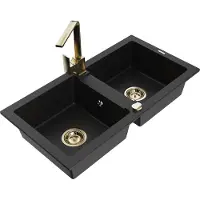 Mexen Mario 2-Becken-Granitspüle mit Mischbatterie Rita, Schwarz - 6504-77-670300-50