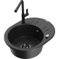 Mexen Kevin 1 Becken-Granitspüle mit Abtropffläche und Mischbatterie Flora, Schwarz/Silbermetallic - 6517-73-670401-70-B