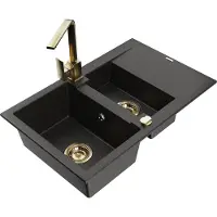 Mexen Gaspar 1,5-Becken-Granitspüle mit Abtropffläche und Mischbatterie Rita, Schwarz/Gold - 6507-75-670300-50
