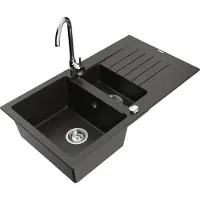 Mexen Matias 1,5-Becken-Granitspüle mit Abtropffläche und Mischbatterie Telma, Schwarz/Gold - 6502-75-670200-00
