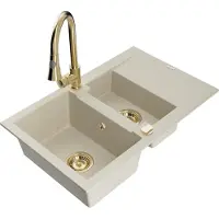 Mexen Gaspar 1,5-Becken-Granitspüle mit Abtropffläche und Mischbatterie Elia, Beige - 6507-69-670101-50