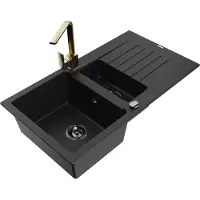 Mexen Matias 1,5-Becken-Granitspüle mit Abtropffläche und Mischbatterie Rita, Schwarz - 6502-77-670300-50-B