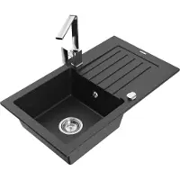 Mexen Pablo 1 Becken-Granitspüle mit Abtropffläche und Mischbatterie Rita, Schwarz/Silbermetallic- 6510-73-670300-00
