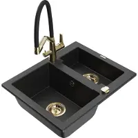 Mexen Carlos 1,5-Becken-Granitspüle mit Mischbatterie Duo, Schwarz/Silbermetallic - 6518-73-671701-57-G