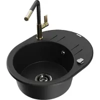 Mexen Kevin Granitspüle 1-Becken mit Abtropffläche und Küchenarmatur Flora, schwarz - 6517-77-670401-57-B