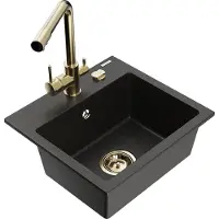 Mexen Milo 1-Becken-Granit-Spüle mit Mischbatterie Duero, Schwarz/Gold metallisch - 6505-75-671600-50