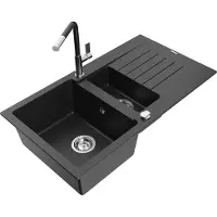 Mexen Matias 1,5-Becken-Granitspüle mit Abtropffläche und Mischbatterie Flora, Schwarz/Silber - 6502-73-670401-07