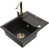 Mexen Enzo 1 Becken-Granitspüle mit Abtropffläche und Mischbatterie Rita, Schwarz/Gold metallisch - 6506-75-670300-50