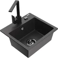 Mexen Milo 1-Becken-Granit-Spüle mit Mischbatterie Rita, Schwarz gesprenkelt - 6505-76-670300-70-B