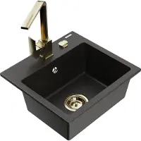 Mexen Milo 1-Becken-Granit-Spüle mit Mischbatterie Rita, Schwarz/Gold metallisch - 6505-75-670300-50