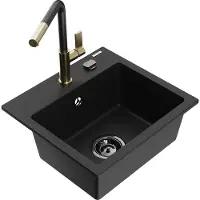 Mexen Milo 1-Becken-Granitspüle mit Mischbatterie Flora, Schwarz - 6505-77-670401-57-B