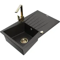 Mexen Cesar 1 Becken-Granitspüle mit Abtropffläche und Mischbatterie Rita, Schwarz/Gold metallisch - 6514-75-670300-50