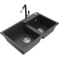 Mexen Tomas 2-Becken-Granitspüle mit Mischbatterie Flora, Schwarz gesprenkelt - 6516-76-670401-07