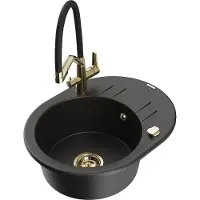 Mexen Kevin 1-Becken-Granitspüle mit Mischbatterie Duo, Schwarz/Gold metallisch - 6517-75-671701-57-G
