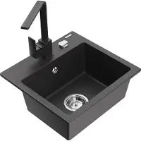 Mexen Milo 1-Becken-Granit-Spüle mit Mischbatterie Rita, Schwarz gesprenkelt - 6505-76-670300-76