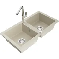 Mexen Mario 2-Becken-Granitspüle mit Mischbatterie Flora, Beige - 6504-69-670401-00