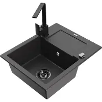 Mexen Enzo 1 Becken-Granitspüle mit Abtropffläche und Mischbatterie Rita, Schwarz gesprenkelt - 6506-76-670300-70-B