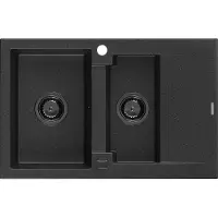 Mexen Gaspar 1,5-Becken-Granitspüle mit Abtropffläche 737 x 475 mm Schwarz/Silbermetallic, Siphon Schwarz - 6507731505-73-B