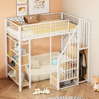 Youjia Multifunktionales Hochbett 90 x 200 cm, Metallbett mit Stauraum, Ablageflächen und Treppe, Erwachsenenbett und Kinderbett, Weiß