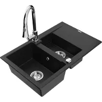 Mexen Gaspar 1,5-Becken-Granitspüle mit Abtropffläche und Mischbatterie Elia, Schwarz - 6507-77-670101-00