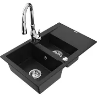 Mexen Gaspar 1,5-Becken-Granitspüle mit Abtropffläche und Mischbatterie Savita, Schwarz - 6507-77-672601-00