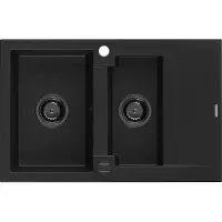 Mexen Gaspar 1,5-Becken-Granitspüle mit Abtropffläche 737 x 475 mm, Schwarz, Siphon Schwarz - 6507731505-77-B