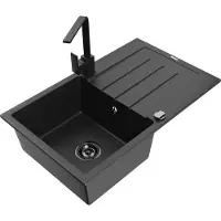 Mexen Bruno 1 Becken-Granitspüle mit Abtropffläche und Mischbatterie Rita, Schwarz/Silbermetallic - 6513-73-670300-70-B
